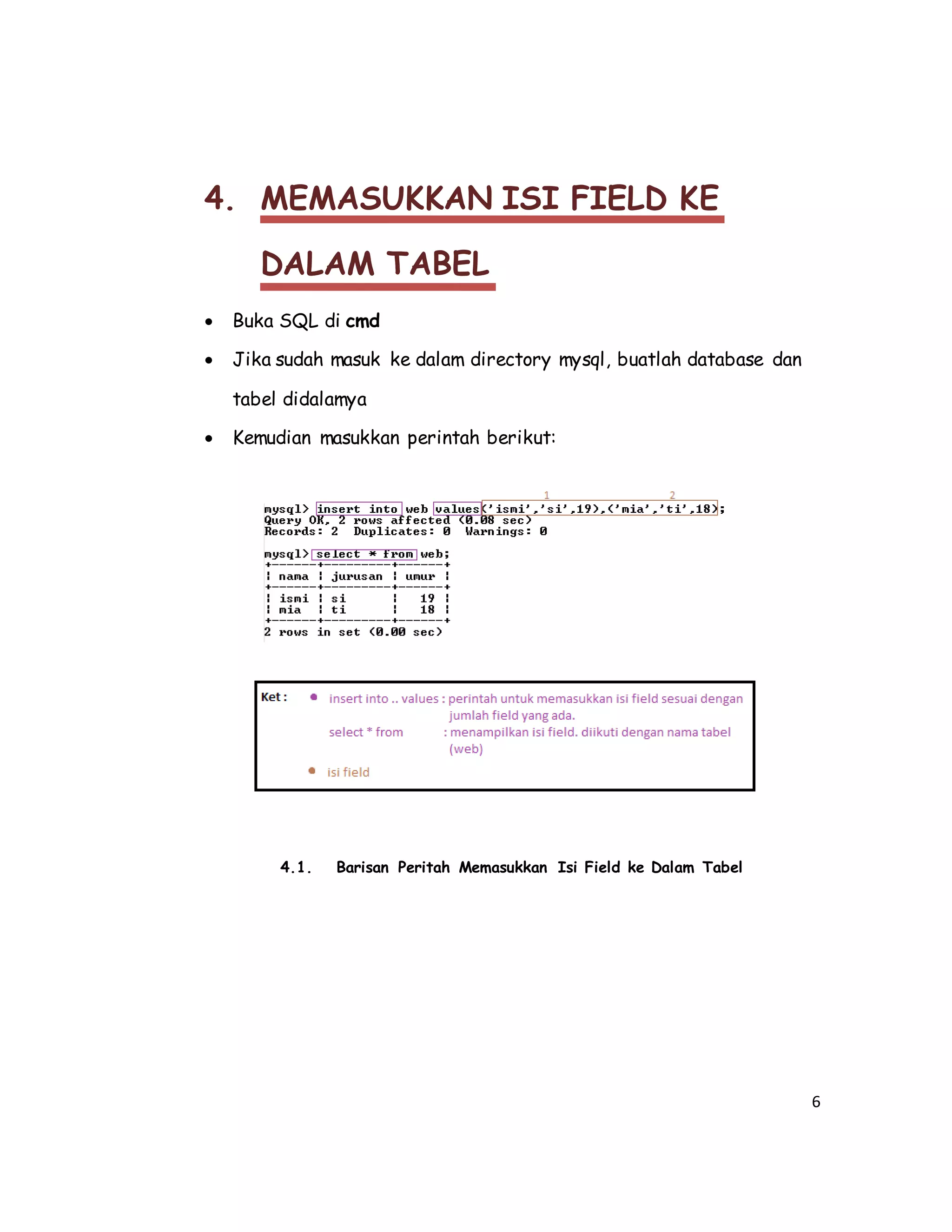 6
4. MEMASUKKAN ISI FIELD KE
DALAM TABEL
 Buka SQL di cmd
 Jika sudah masuk ke dalam directory mysql, buatlah database dan
tabel didalamya
 Kemudian masukkan perintah berikut:
4.1. Barisan Peritah Memasukkan Isi Field ke Dalam Tabel
 