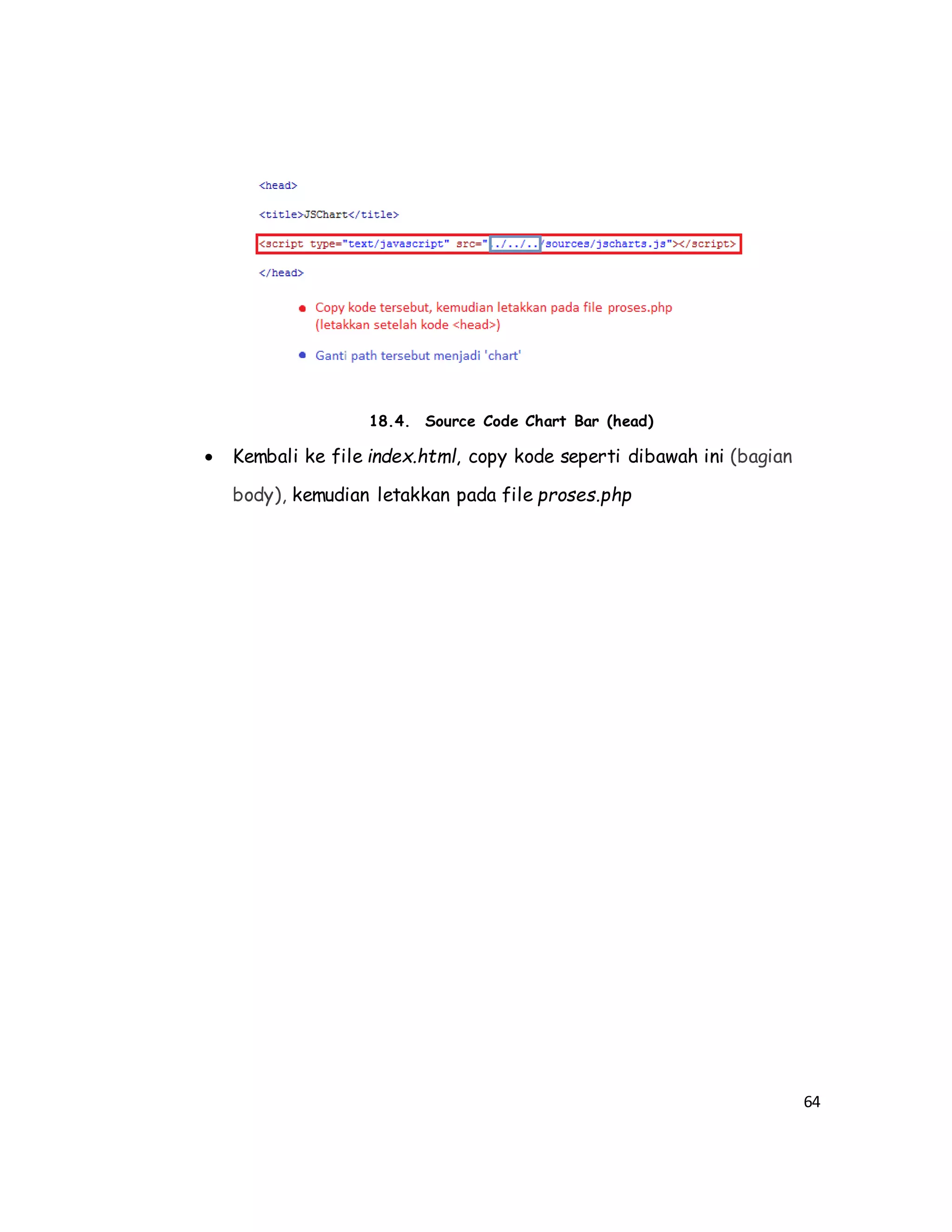 64
18.4. Source Code Chart Bar (head)
 Kembali ke file index.html, copy kode seperti dibawah ini (bagian
body), kemudian letakkan pada file proses.php
 