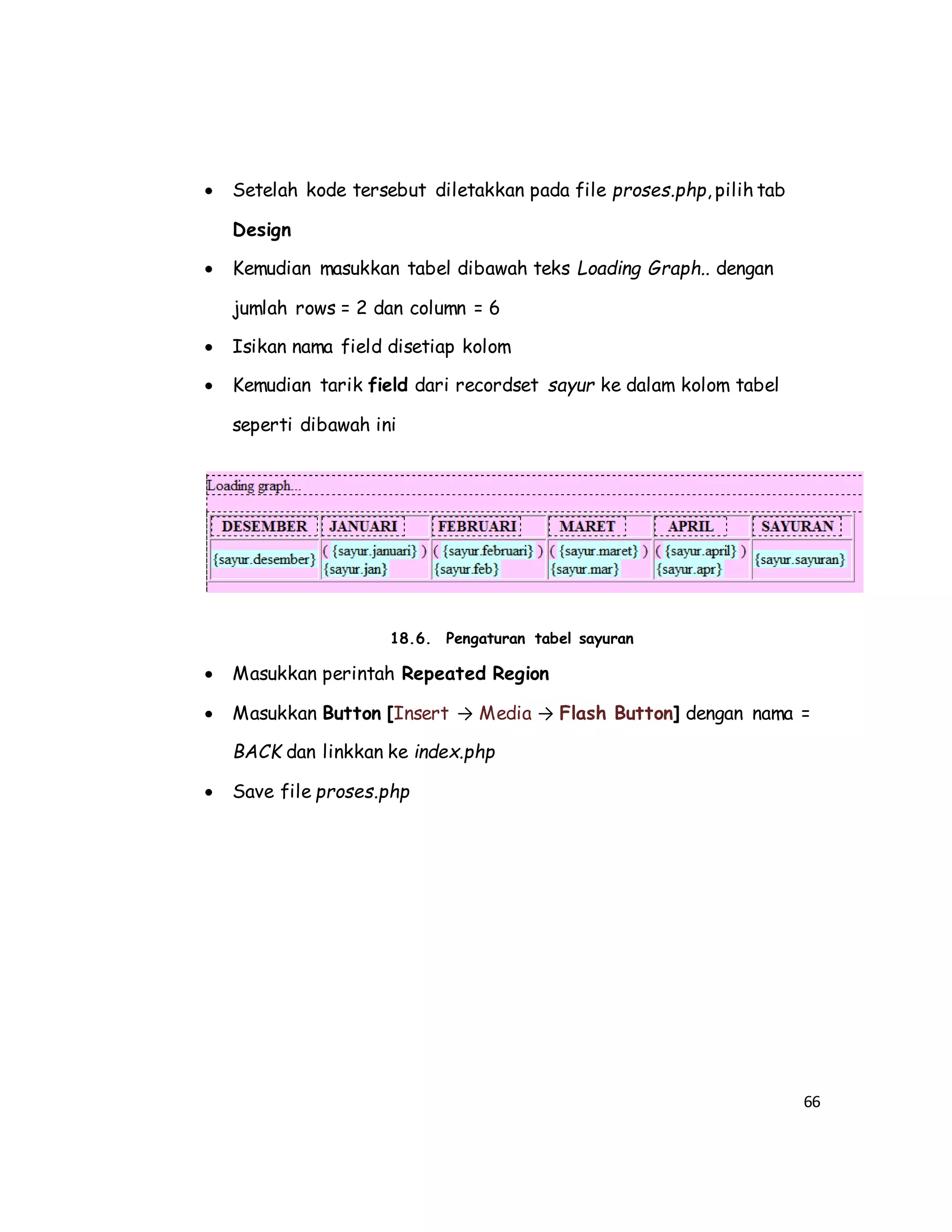 66
 Setelah kode tersebut diletakkan pada file proses.php, pilih tab
Design
 Kemudian masukkan tabel dibawah teks Loading Graph.. dengan
jumlah rows = 2 dan column = 6
 Isikan nama field disetiap kolom
 Kemudian tarik field dari recordset sayur ke dalam kolom tabel
seperti dibawah ini
18.6. Pengaturan tabel sayuran
 Masukkan perintah Repeated Region
 Masukkan Button [Insert → Media → Flash Button] dengan nama =
BACK dan linkkan ke index.php
 Save file proses.php
 