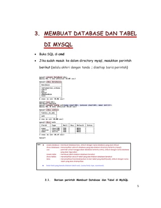 5
3. MEMBUAT DATABASE DAN TABEL
DI MYSQL
 Buka SQL di cmd
 Jika sudah masuk ke dalam directory mysql, masukkan perintah
berikut (selalu akhiri dengan tanda ; disetiap baris perintah)
3.1. Barisan perintah Membuat Database dan Tabel di MySQL
 