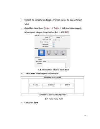 12
 Kembali ke pengaturan design. Arahkan cursor ke bagian tengah
tabel
 Masukkan tabel baru [Insert → Table → ketika window muncul,
isikan sesuai dengan tampilan berikut → klik OK]
6.8. Memasukkan tabel ke dalam tabel
 Isikan nama field seperti dibawah ini
6.9. Nama-nama field
 Kemudian Save
 