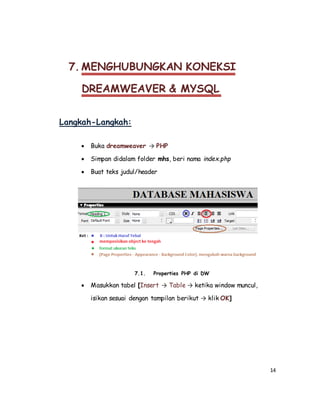 14
7. MENGHUBUNGKAN KONEKSI
DREAMWEAVER & MYSQL
Langkah-Langkah:
 Buka dreamweaver → PHP
 Simpan didalam folder mhs, beri nama index.php
 Buat teks judul/header
7.1. Properties PHP di DW
 Masukkan tabel [Insert → Table → ketika window muncul,
isikan sesuai dengan tampilan berikut → klik OK]
 