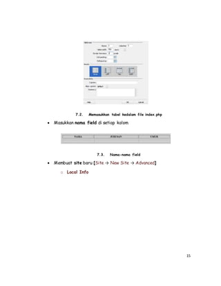 15
7.2. Memasukkan tabel kedalam file index.php
 Masukkan nama field di setiap kolom
7.3. Nama-nama field
 Membuat site baru [Site → New Site → Advanced]
o Local Info
 