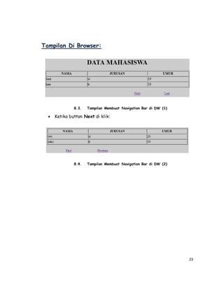 23
Tampilan Di Browser:
8.3. Tampilan Membuat Navigation Bar di DW (1)
 Ketika button Next di klik:
8.4. Tampilan Membuat Navigation Bar di DW (2)
 