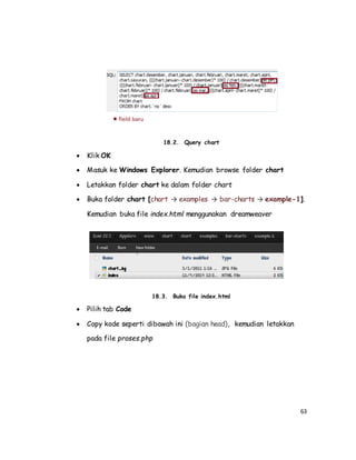 63
18.2. Query chart
 Klik OK
 Masuk ke Windows Explorer. Kemudian browse folder chart
 Letakkan folder chart ke dalam folder chart
 Buka folder chart [chart → examples → bar-charts → example-1].
Kemudian buka file index.html menggunakan dreamweaver
18.3. Buka file index.html
 Pilih tab Code
 Copy kode seperti dibawah ini (bagian head), kemudian letakkan
pada file proses.php
 
