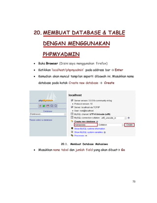 73
20. MEMBUAT DATABASE & TABLE
DENGAN MENGGUNAKAN
PHPMYADMIN
 Buka Browser (Disini saya menggunakan firefox)
 Ketikkan ‘localhost/phpmyadmin’ pada address bar → Enter
 Kemudian akan muncul tampilan seperti dibawah ini. Masukkan nama
database pada kotak Create new database → Create
20.1. Membuat Database Mahasiswa
 Masukkan nama tabel dan jumlah field yang akan dibuat→ Go
 