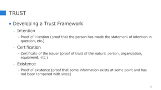 TRUST
 Developing a Trust Framework
- Intention
‣ Proof of intention (proof that the person has made the statement of intention in
question, etc.)
- Certification
‣ Certificate of the issuer (proof of trust of the natural person, organization,
equipment, etc.)
- Existence
‣ Proof of existence (proof that some information exists at some point and has
not been tampered with since)
13
 