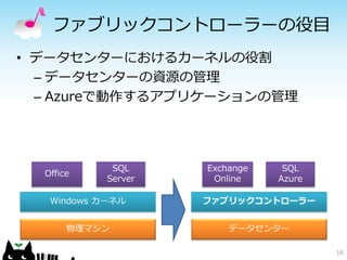 ファブリックコントローラーの役目
• データセンターにおけるカーネルの役割
  – データセンターの資源の管理
  – Azureで動作するアプリケーションの管理




            SQL     Exchange    SQL
  Office
           Server    Online    Azure




       物理マシン            データセンター

                                       16
 