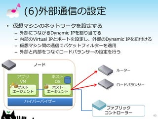 (6)外部通信の設定
• 仮想マシンのネットワークを設定する
 –   外部につながるDynamic IPを割り当てる
 –   内部のVirtual IPとポートを設定し、外部のDynamic IPを紐付ける
 –   仮想マシン間の通信にパケットフィルターを適用
 –   外部と内部をつなぐロードバランサーの設定を行う

          ノード
                                  ルーター
  アプリ            ホスト
   VM             OS
                                  ロードバランサー
  ゲスト            ホスト
 エージェント         エージェント

      ハイパーバイザー
                               ファブリック
                              コントローラー
                                                40
 