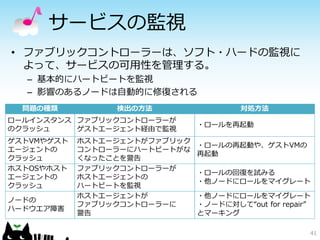 サービスの監視
• ファブリックコントローラーは、ソフト・ハードの監視に
  よって、サービスの可用性を管理する。
  – 基本的にハートビートを監視
  – 影響のあるノードは自動的に修復される
  問題の種類          検出の方法                  対処方法
ロールインスタンス ファブリックコントローラーが
                               ・ロールを再起動
のクラッシュ    ゲストエージェント経由で監視
ゲストVMやゲスト   ホストエージェントがファブリック
                               ・ロールの再起動や、ゲストVMの
エージェントの     コントローラーにハートビートがな
                               再起動
クラッシュ       くなったことを警告
ホストOSやホスト   ファブリックコントローラーが
                               ・ロールの回復を試みる
エージェントの     ホストエージェントの
                               ・他ノードにロールをマイグレート
クラッシュ       ハートビートを監視
            ホストエージェントが         ・他ノードにロールをマイグレート
ノードの
            ファブリックコントローラーに     ・ノードに対して“out for repair”
ハードウエア障害
            警告                 とマーキング

                                                      41
 