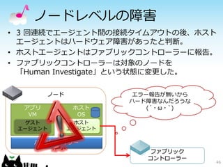 ノードレベルの障害
• 3 回連続でエージェント間の接続タイムアウトの後、ホスト
  エージェントはハードウェア障害があったと判断。
• ホストエージェントはファブリックコントローラーに報告。
• ファブリックコントローラーは対象のノードを
  「Human Investigate」という状態に変更した。

        ノード            エラー報告が無いから
                       ハード障害なんだろうな
  アプリ          ホスト        (´・ω・`)
   VM           OS
  ゲスト          ホスト
 エージェント       エージェント

    ハイパーバイザー
                           ファブリック
                          コントローラー
                                     46
 