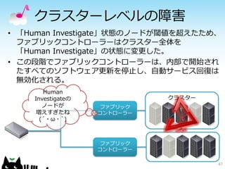 クラスターレベルの障害
• 「Human Investigate」状態のノードが閾値を超えたため、
  ファブリックコントローラーはクラスター全体を
  「Human Investigate」の状態に変更した。
• この段階でファブリックコントローラーは、内部で開始され
  たすべてのソフトウェア更新を停止し、自動サービス回復は
  無効化される。
       Human
    Investigateの             クラスター
       ノードが         ファブリック
     増えすぎたね        コントローラー
      (´・ω・`)



                    ファブリック
                   コントローラー

                                     47
 