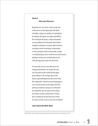 VESTIBULINHO 2O
SEM/12  Etec 19
Texto 2
Rios sem Discurso
Quando um rio corta, corta-se de vez
o discurso-rio de água que ele fazia;
cortado, a água se quebra em pedaços,
em poços de água, em água paralítica.
Em situação de poço, a água equivale
a uma palavra em situação dicionária:
isolada, estanque no poço dela mesma,
e porque assim estanque, estancada;
e mais: porque assim estancada, muda,
e muda porque com nenhuma se comunica,
porque cortou-se a sintaxe desse rio,
o fio de água por que ele discorria.
O curso de um rio, seu discurso-rio,
chega raramente a se reatar de vez;
um rio precisa de muito fio de água
para refazer o fio antigo que o fez.
Salvo a grandiloquência de uma cheia
lhe impondo interina outra linguagem,
um rio precisa de muita água em fios
para que todos os poços se enfrasem:
se reatando, de um para outro poço,
em frases curtas, então frase e frase,
até a sentença-rio do discurso único
em que se tem a voz a seca ele combate.
João Cabral de Melo Neto
(MELO NETO, João Cabral de.(MELO NETO, João Cabral de. A educação pela pedra.A educação pela pedra. Rio de Janeiro: José Olympio, 1979.)Rio de Janeiro: José Olympio, 1979.)
 