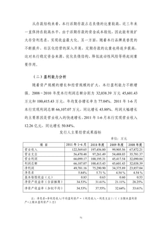 从存款结构来看，本行活期存款占总负债的比重较高，近三年来

一直保持在较高水平，由于活期存款的资金成本较低，因此能有效扩

大存贷利息差，实现收益最大化。另一方面，随着本行品牌美誉度的

不断提升、社区化经营的深入开展，定期存款的比重也将逐步提高，

这对本行稳定资金来源、优化负债结构、降低流动性风险等将起到重

要作用。


   （二）盈利能力分析

   随着资产规模的增长和经营规模的扩大，本行盈利能力不断增

强。2008～2010 年度本行利润总额分别为 32,038.39 万元 45,601.43

万元和 100,415.43 万元，年均复合增长率为 77.04%。2011 年 1-6 月

本行实现利润总额 66,107.07 万元，同比增长 43.88%。利润大幅增长

的主要原因是营业收入的快速增长，2011 年 1-6 月本行实现营业收入

12.26 亿元，同比增长 50.84%。
              发行人主要经营成果指标
                                              单位：万元
       项 目      2011 年 1-6 月    2010 年度       2009 年度 2008 年度
营业收入               122,569.65   197,456.80     99,905.56 67,872.21
营业支出                56,470.48    97,261.49     54,488.03 35,781.37
营业利润                66,099.17   100,195.31     45,417.54 32,090.84
利润总额                66,107.07   100,415.43     45,601.43 32,038.39
净利润                 49,701.16    75,290.90     34,375.89 23,857.04
净息差                    5.84%        5.71 %        4.54 %    4.54 %
基本每股收益（元）                0.83          0.63          0.60      0.53
净资产收益率（全面摊薄）          34.53%       31.61%        21.11%    28.25%
净资产收益率（加权平均）          34.53%       37.55%        32.64%     33.61%


   注：净息差=净利息收入/平均盈利资产＝（利息收入－利息支出）/〔（当期末盈利资
产+上期末盈利资产）/2〕




                        71
 