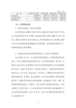 单位：万元
    项 目       2011 年 6 月末       2010 年末 2009 年末        2008 年末
不良贷款                12,080.07     9,441.71 10,793.54     8,061.94
贷款损失准备              25,680.12    24,803.16 19,274.20    12,940.30
拨备覆盖率                212.58%      262.70% 178.57 %       160.51%


  （五）主要财务优势

  1、盈利能力提高，财务实力增强

  本行净利润从 2008 年度的 2.39 亿元增加到 2010 年度的 7.53 亿

元，
 年均复合增长率为 77.50%。贷款损失准备余额由 2008 年末的 1.29

亿元，增加到 2010 年末的 2.48 亿元，年均复合增长率为 38.65%。2010

年末本行贷款损失准备金覆盖率达 262.70%，继续保持在较好水平，

抵御风险的能力稳步增强。


  2、具备较完善的全面风险管理体系，信贷资产质量较好

  本行构建了全方位、全过程的风险管理体系，风险管理组织体系

健全，形成了董事会风险管理委员会、总行风险管理部、审计部、合

规部以及分行各专业管理部门的多层次风险管理架构；本行内控制度

较为完备，涵盖了所有业务、所有部门和岗位，内容涉及组织结构、

授信业务、会计业务、资金业务、中间业务、计算机信息系统等方面，

制度的健全性、有效性、适应性较强。本行在总结提炼已有风险管理

模式时，实施信贷和资金业务流程梳理，有效提高了识别、计量、监

测和管控风险的能力。特别的，本行运用自己独特的信贷技术，巧妙

的解决了与信贷主体——小企业的信息不对称问题，较好地控制了小

企业信贷的信用风险。成立 18 年来，本行不良贷款率始终保持在同

行业的较好水平。


                         77
 