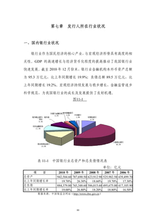 第七章 发行人所在行业状况


一、国内银行业状况

  银行业作为国民经济的核心产业，与宏观经济形势具有高度的相

关性。GDP 的高速增长与经济货币化程度的提高推动了我国银行业

快速发展。截至 2010 年 12 月份末，银行业金融机构本外币资产总额

为 95.3 万亿元，比上年同期增长 19.9%；负债总额 89.5 万亿元，比

上年同期增长 19.2%。宏观经济持续发展与稳步增长，金融监管逐步

科学规范，为我国银行业的成长及发展提供了良好机遇。
                            图11-1




       表 11-1 中国银行业总资产和总负债情况表
                                                 单位：亿元
   项     目        2010 年     2009 年     2008 年     2007 年     2006 年
总资产              942,584.60 787,690.50 623,912.90 525,982.50 439,499.70
比上年同期增长率            19.70%     26.30%     18.60%     19.70%     17.30%
总负债              884,379.80 743,348.60 586,015.60 495,675.00 417,105.90
比上年同期增长率            19.00%     26.80%     18.20%     18.80%     16.50%
       数据来源：中国银监会网站（http://www.cbrc.gov.cn）




                               80
 