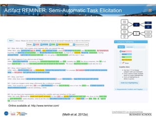 Artifact REMINER: Semi-Automatic Task Elicitation                                                                   17


                                                                        MR1. Enable
                                                                       automatic task
                                                                      elicitation within
                                                                      natural language                     DF1. One-click
                                                                         documents                         Task Element
                                                                                                            Highlighting
                                                                                           DP1. Semi-
                                                                                           Automatic
                                                                                               Task
                                                                                            Elicitation
                                                                         MR2. Allow                         DF2. Natural
                                                                            manual                           Language
                                                                        adaptions of                        Processing
                                                                        automatically                       Capabilities
                                                                        elicited tasks




                                                                       MR3. Require
                                                                      minimal efforts to
                                                                                                          DF3. Knowledge
                                                                        build up task
                                                                                           DP2. Usage     Upload Capability
                                                                         knowledge
                                                                                           of imported
                                                                                               and
                                                                                            retrieved
                                                                                           knowledge
                                                                       MR4. Support                       DF4. Knowledge
                                                                           simple                         Retrieval and Re-
                                                                      supplementation                            Use
                                                                        of domain-
                                                                          specific
                                                                        knowledge




 Online available at: http://www.reminer.com/


                                                (Meth et al. 2012a)
 