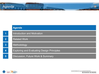 Agenda                                            24




     Agenda

 1   Introduction and Motivation

 2   Related Work

 3   Methodology

 4   Exploring and Evaluating Design Principles

 5   Discussion, Future Work & Summary
 
