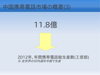 中国携帯電話市場の概要(3)


        11.8億



   2012年、年間携帯電話総生産数(工信部)
   ※ 全世界の50％超を中国で生産
 