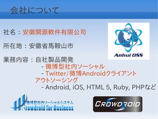 会社について

社名 ： 安徽開源軟件有限公司

所在地 ： 安徽省馬鞍山市

業務内容 ： 自社製品開発
　　　　　　- 微博型社内ソーシャル
　　　　　　- Twitter/微博Androidクライアント
　　　　　アウトソーシング
　　　　　　- Android, iOS, HTML 5, Ruby, PHPなど
 