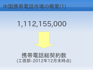 中国携帯電話市場の概要(1)


   1,112,155,000



    携帯電話総契約数
   (工信部：2012年12月末時点)
 