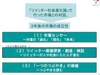 「ツイッター社会進化論」で
            行った市場との対話。

          ３年後の市場の成立性

              （１）市場センサー
       〜市場の「過去」「現在」「未来」
これから触れるのは ↓
   （２）ツイッター価値探索・創造・検証
      〜ツイッターが人や社会にもたらす進化


      （３）「一つのつぶやき」の価値
               〜つぶやきを読む
                           15
 