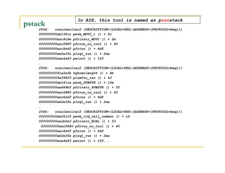 pstack 
In AIX, this tool is named as procstack 
2544: oraclesolrac2 (DESCRIPTION=(LOCAL=YES)(ADDRESS=(PROTOCOL=beq))) 
00...