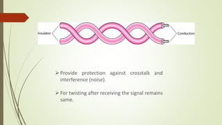 Provide protection against crosstalk and
interference (noise).
For twisting after receiving the signal remains
same.
 