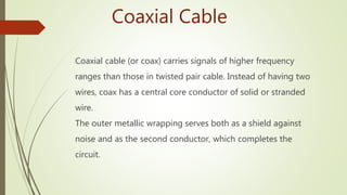 Coaxial Cable
Coaxial cable (or coax) carries signals of higher frequency
ranges than those in twisted pair cable. Instead of having two
wires, coax has a central core conductor of solid or stranded
wire.
The outer metallic wrapping serves both as a shield against
noise and as the second conductor, which completes the
circuit.
 