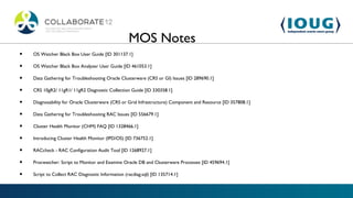 MOS Notes
•   OS Watcher Black Box User Guide [ID 301137.1]

•   OS Watcher Black Box Analyzer User Guide [ID 461053.1]

•   Data Gathering for Troubleshooting Oracle Clusterware (CRS or GI) Issues [ID 289690.1]

•   CRS 10gR2/ 11gR1/ 11gR2 Diagnostic Collection Guide [ID 330358.1]

•   Diagnosability for Oracle Clusterware (CRS or Grid Infrastructure) Component and Resource [ID 357808.1]

•   Data Gathering for Troubleshooting RAC Issues [ID 556679.1]

•   Cluster Health Monitor (CHM) FAQ [ID 1328466.1]

•   Introducing Cluster Health Monitor (IPD/OS) [ID 736752.1]

•   RACcheck - RAC Configuration Audit Tool [ID 1268927.1]

•   Procwatcher: Script to Monitor and Examine Oracle DB and Clusterware Processes [ID 459694.1]

•   Script to Collect RAC Diagnostic Information (racdiag.sql) [ID 135714.1]
 