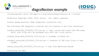 diagcollection example
[root@oelgrid02 u02]# /u01/app/11.2.0/grid/bin/diagcollection.sh --collect

Production Copyright 2004, 2010, Oracle.   All rights reserved

Cluster Ready Services (CRS) diagnostic collection tool

The following CRS diagnostic archives will be created in the local directory:

crsData_oelgrid02_20120225_1723.tar.gz -> logs, traces and cores from CRS home.
    Note: core files will be packaged only with the --core option.

ocrData_oelgrid02_20120225_1723.tar.gz -> ocrdump, ocrcheck etc

coreData_oelgrid02_20120225_1723.tar.gz -> contents of CRS core files in text
    format

osData_oelgrid02_20120225_1723.tar.gz -> logs from Operating System

Collecting crs data
 