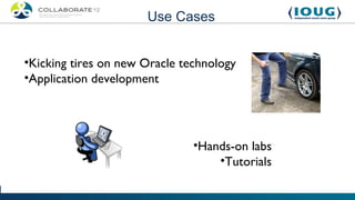 Use Cases


•Kicking tires on new Oracle technology
•Application development




                               •Hands-on labs
                                   •Tutorials
 
