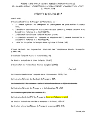 ACCORD –CADRE POUR UN NOUVEAU MODELE DE PROTECTION SOCIALE
DES SALARIES RELEVANT DES PROFESSIONS DES TRANSPORTS ET DES ACT...
