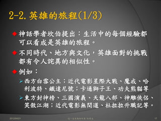 2-2.英雄的旅程(1/3)
       神話學者坎伯提出：生活中的每個經驗都
       可以看成是英雄的旅程。
       不同時代、地方與文化，英雄面對的挑戰
       都有令人詫異的相似性。
       例如：
             西方白雪公主；近代電影星際大戰、魔戒、哈
             利波特、鐵達尼號；卡通獅子王、功夫熊貓等
             東方封神榜、三國演義、天龍八部、神雕俠侶、
             笑傲江湖；近代電影無間道、杜拉拉升職記等。
2012/04/21          這一生你為何而來/白景文   17
 
