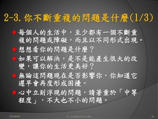 2-3.你不斷重複的問題是什麼(1/3)
       每個人的生活中，至少都有一個不斷重
       複的問題或障礙，而且以不同形式出現。
       想想看你的問題是什麼？
       如果可以解決，是不是能產生很大的改
       變，讓你的生活更美好？
       無論這問題現在是否影響你，你知道它
       遲早會再度形成困擾。
       心中立刻浮現的問題，請著重於「中等
       程度」，不大也不小的問題。

2012/04/21   這一生你為何而來/白景文   20
 