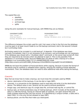 Sample Rman Scripts Collaborate 2012 - RMAN eliminate the mystery | PDF
