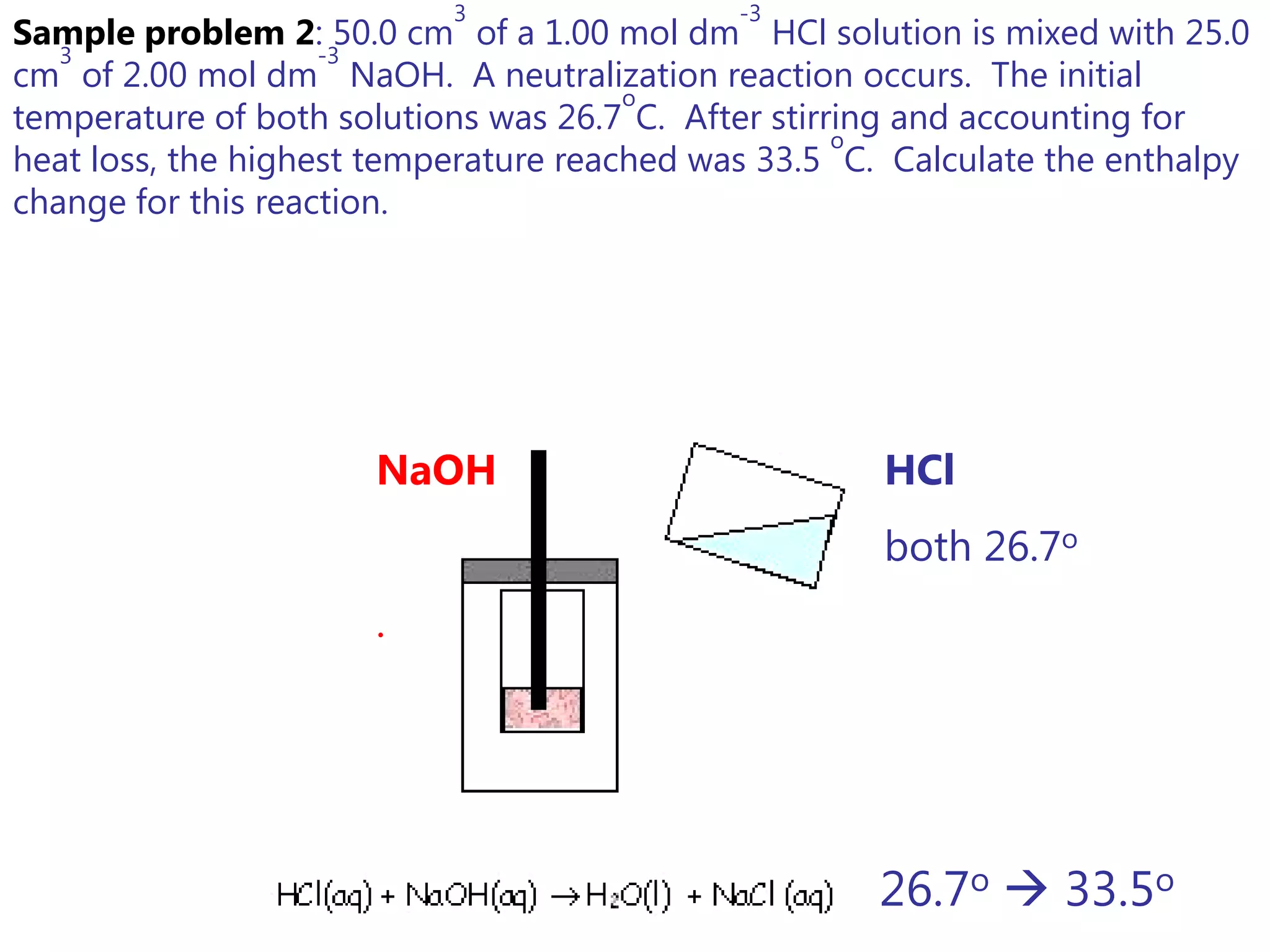 3                 -3
Sample problem 2: 50.0 cm of a 1.00 mol dm HCl solution is mixed with 25.0
   3                -3
cm of 2.00 mol dm NaOH. A neutralization reaction occurs. The initial
                                       o
temperature of both solutions was 26.7 C. After stirring and accounting for
                                                     o
heat loss, the highest temperature reached was 33.5 C. Calculate the enthalpy
change for this reaction.




                      NaOH                            HCl
                                                      both 26.7o
                      .




                                                     26.7o  33.5o
 