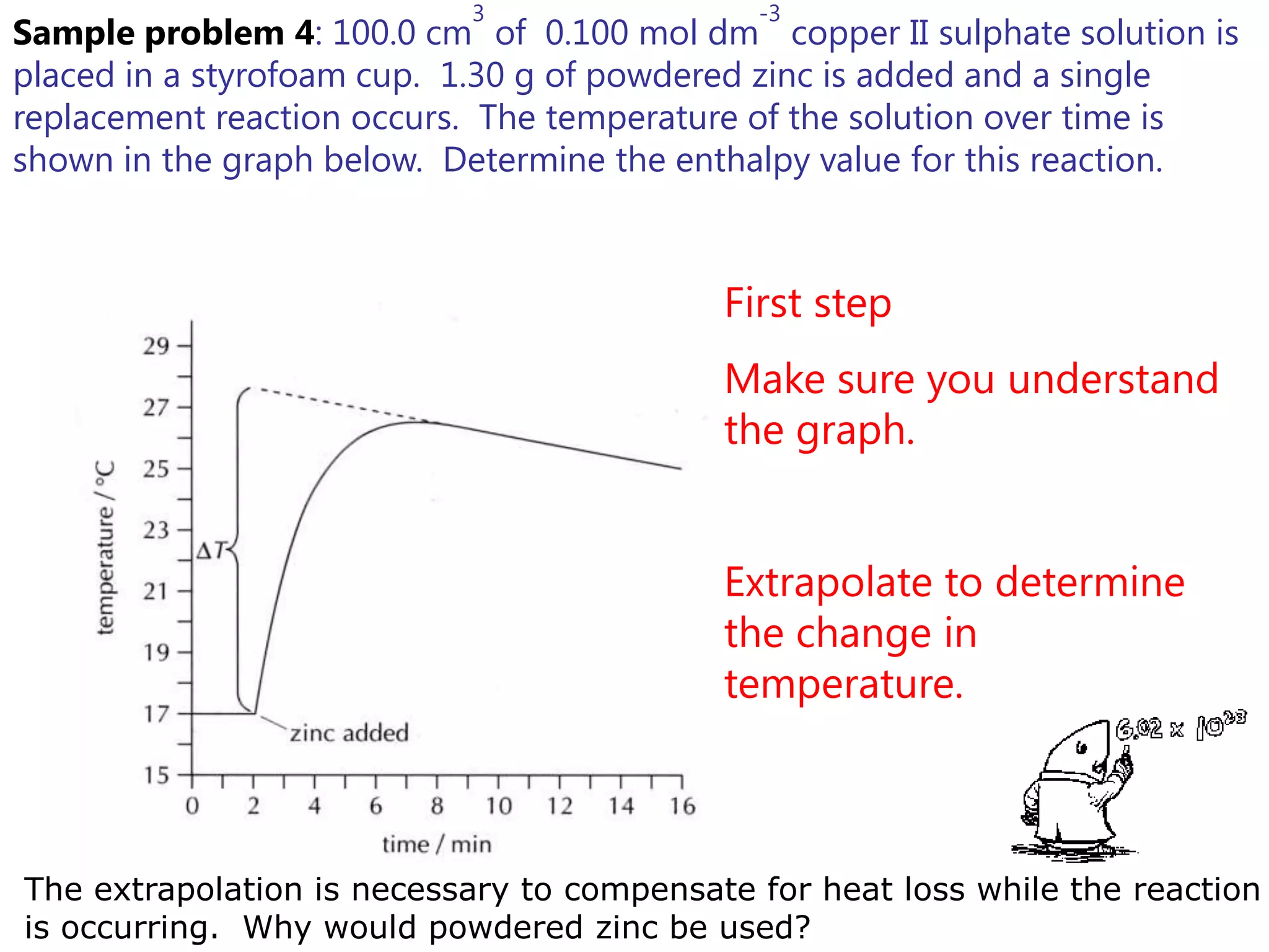 3                 -3
Sample problem 4: 100.0 cm of 0.100 mol dm copper II sulphate solution is
placed in a styrofoam cup. 1.30 g of powdered zinc is added and a single
replacement reaction occurs. The temperature of the solution over time is
shown in the graph below. Determine the enthalpy value for this reaction.



                                           First step
                                           Make sure you understand
                                           the graph.


                                           Extrapolate to determine
                                           the change in
                                           temperature.



The extrapolation is necessary to compensate for heat loss while the reaction
is occurring. Why would powdered zinc be used?
 
