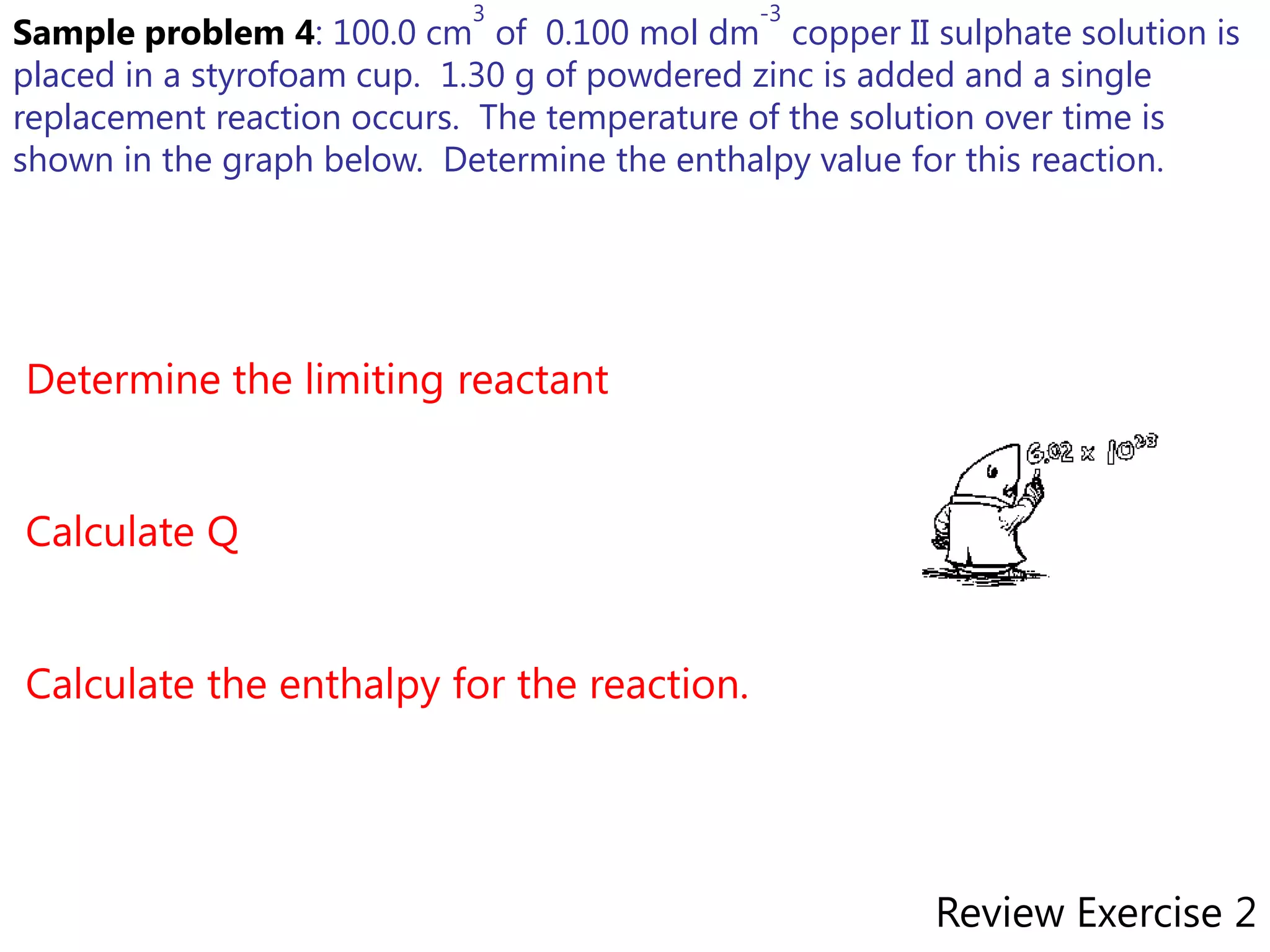 3                -3
Sample problem 4: 100.0 cm of 0.100 mol dm copper II sulphate solution is
placed in a styrofoam cup. 1.30 g of powdered zinc is added and a single
replacement reaction occurs. The temperature of the solution over time is
shown in the graph below. Determine the enthalpy value for this reaction.




Determine the limiting reactant


Calculate Q


Calculate the enthalpy for the reaction.




                                                      Review Exercise 2
 