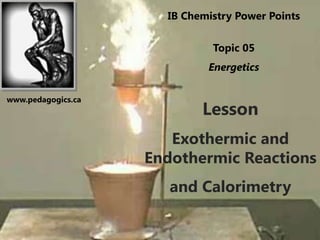 IB Chemistry Power Points


                              Topic 05
                             Energetics

www.pedagogics.ca
                            Lesson
                       Exothermic and
                    Endothermic Reactions
                       and Calorimetry
 