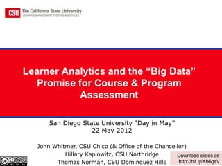 Learner Analytics and the “Big Data”
  Promise for Course & Program
           Assessment

       San Diego State University “Day in May”
                    22 May 2012

   John Whitmer, CSU Chico (& Office of the Chancellor)
            Hillary Kaplowitz, CSU Northridge      Download slides at:
         Thomas Norman, CSU Dominguez Hills         http://bit.ly/Kb6gsV
 