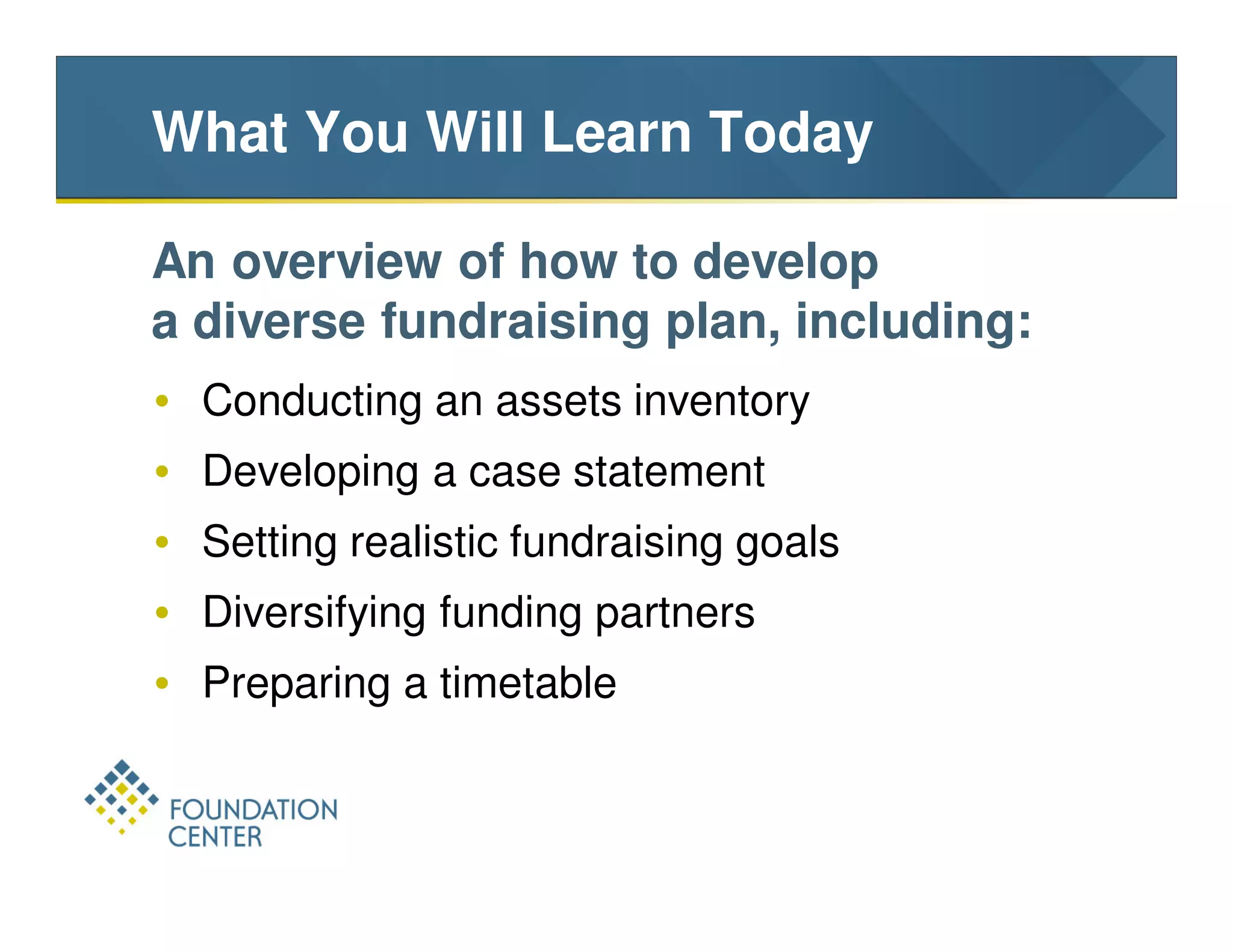 What You Will Learn Today

An overview of how to develop
a diverse fundraising plan, including:
• Conducting an assets inventory
• Developing a case statement
• Setting realistic fundraising goals
• Diversifying funding partners
• Preparing a timetable
 