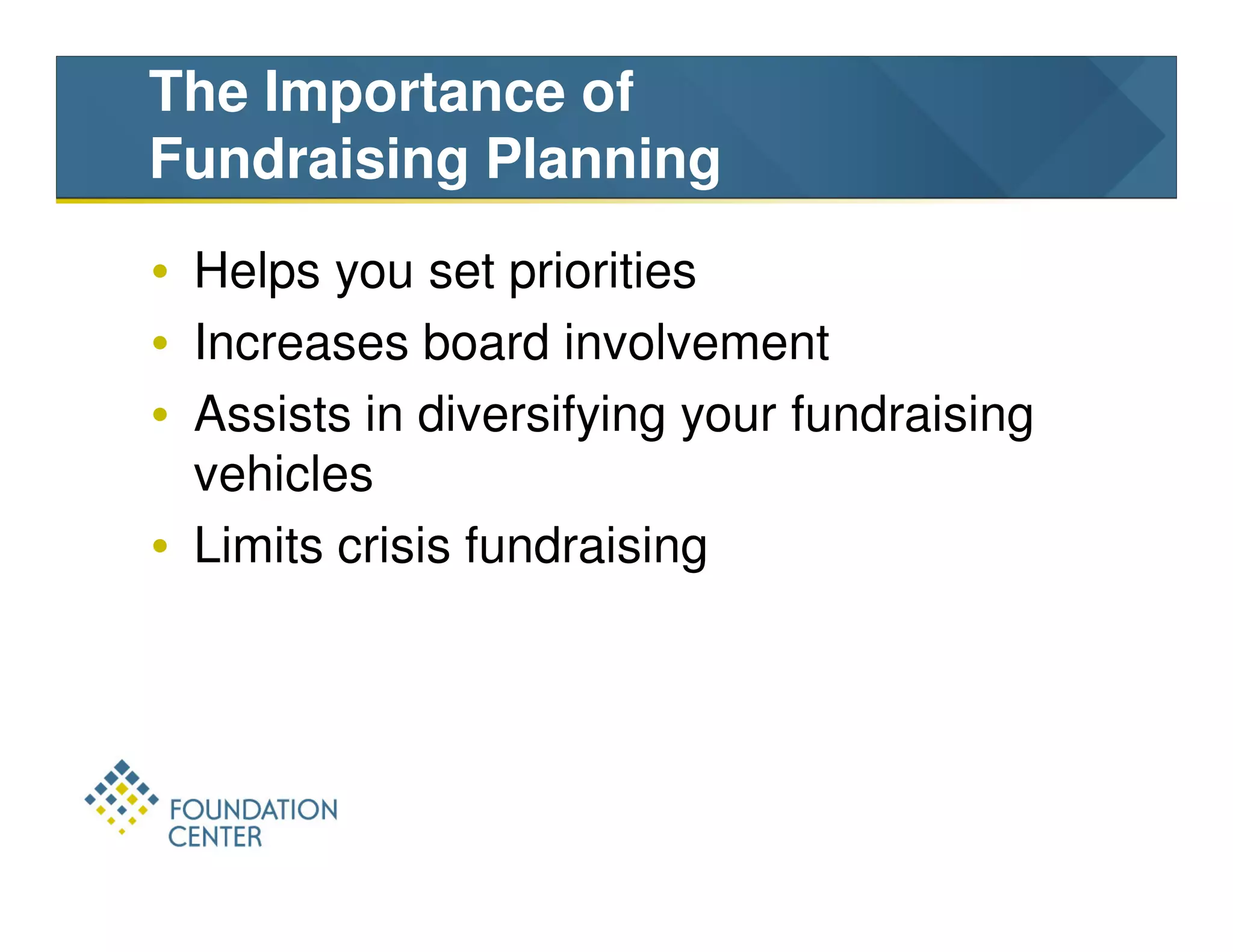 The Importance of
Fundraising Planning
• Helps you set priorities
• Increases board involvement
• Assists in diversifying your fundraising
  vehicles
• Limits crisis fundraising
 