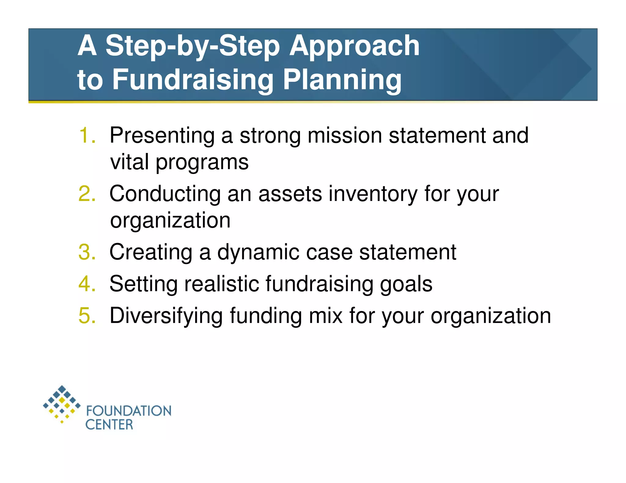 A Step-by-Step Approach
to Fundraising Planning
1. Presenting a strong mission statement and
   vital programs
2. Conducting an assets inventory for your
   organization
3. Creating a dynamic case statement
4. Setting realistic fundraising goals
5. Diversifying funding mix for your organization
 