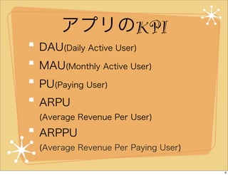 アプリのKPI
DAU(Daily Active User)
MAU(Monthly Active User)
PU(Paying User)
ARPU
(Average Revenue Per User)

ARPPU
(Average Re...