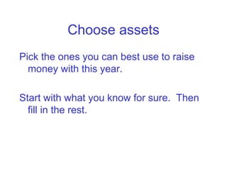 Choose assets
Pick the ones you can best use to raise
  money with this year.

Start with what you know for sure. Then
  fill in the rest.
 