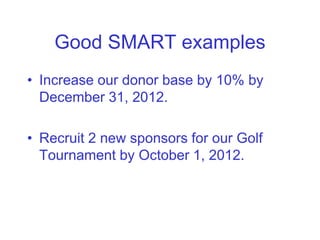 Good SMART examples
• Increase our donor base by 10% by
  December 31, 2012.

• Recruit 2 new sponsors for our Golf
  Tournament by October 1, 2012.
 