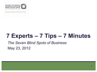 7 Experts – 7 Tips – 7 Minutes
The Seven Blind Spots of Business
May 23, 2012



                                    1
 