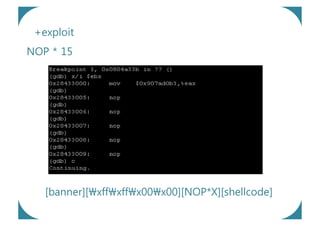 +exploit
NOP * 15




   [banner][xffxffx00x00][NOP*X][shellcode]
 