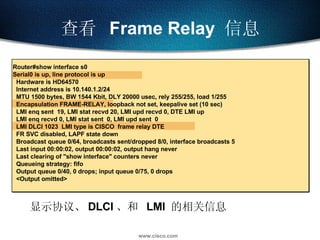 查看  Frame Relay  信息 显示协议、 DLCI 、和  LMI  的相关信息 Router#show interface s0 Serial0 is up, line protocol is up Hardware is HD64570 Internet address is 10.140.1.2/24 MTU 1500 bytes, BW 1544 Kbit, DLY 20000 usec, rely 255/255, load 1/255 Encapsulation FRAME-RELAY, loopback not set, keepalive set (10 sec) LMI enq sent  19, LMI stat recvd 20, LMI upd recvd 0, DTE LMI up LMI enq recvd 0, LMI stat sent  0, LMI upd sent  0 LMI DLCI 1023  LMI type is CISCO  frame relay DTE FR SVC disabled, LAPF state down Broadcast queue 0/64, broadcasts sent/dropped 8/0, interface broadcasts 5 Last input 00:00:02, output 00:00:02, output hang never Last clearing of "show interface" counters never Queueing strategy: fifo Output queue 0/40, 0 drops; input queue 0/75, 0 drops <Output omitted> 